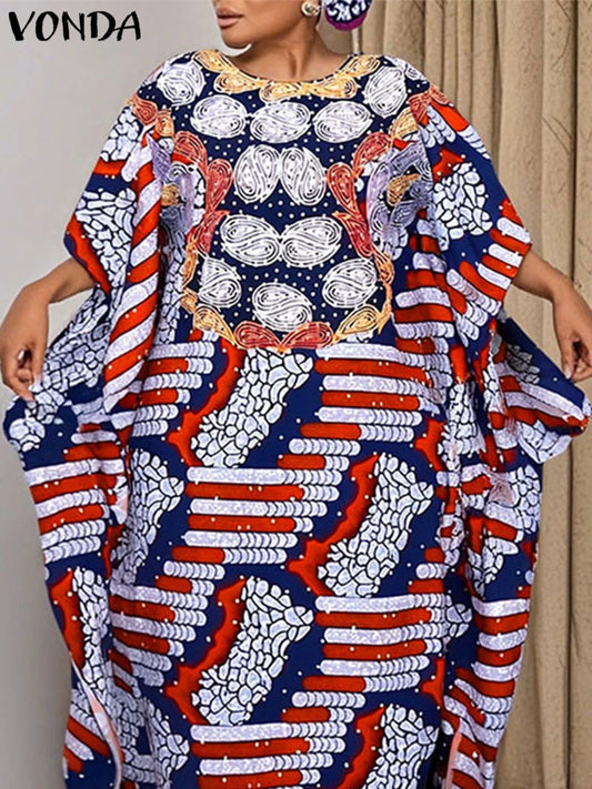 Plus Size 5XL VONDA Women Maxi Dress Bohemian Printed Long Vestidos Summer Half Bat Sleeve Casual Loose Robe Vintage Sundress