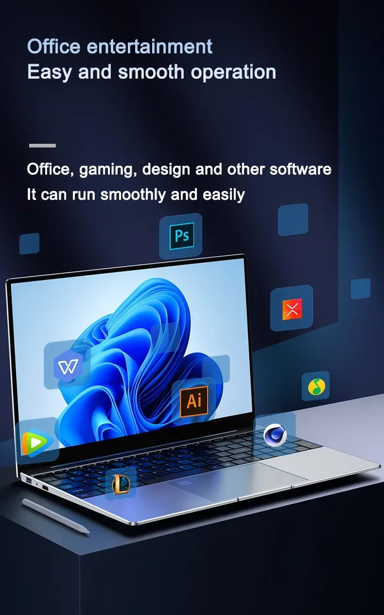 LENO NEW 15.6" Portable Laptop Intel N95 Windows11 32GB DDR4 2TB SSD 7500mAh Office Notebook Pc Gamer with Backlit Fingerprint