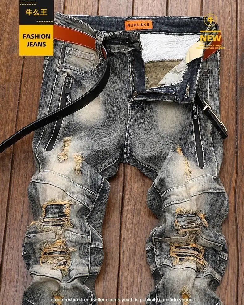 Luxury Men's Classic Jeans Straight Pants Autumn and Winter Retro Ripped Hole Denim Trousers Motorcycle Work Pants for Men