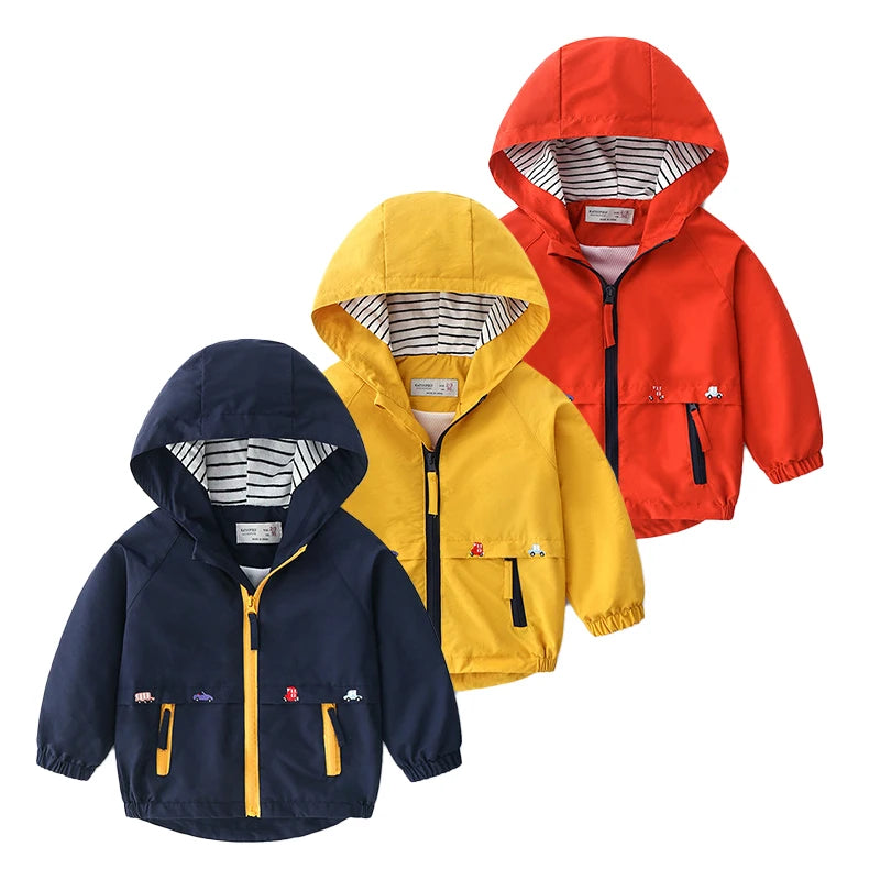 1 2 3 4 5 6 Years Spring Autumn Boys Coats Patchwork Cartoon Car Pattern Hooded Windbreaker Leisure Overcoat For Kids