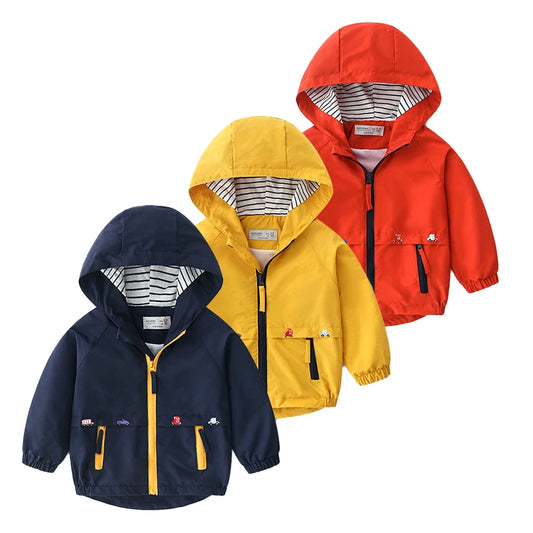1 2 3 4 5 6 Years Spring Autumn Boys Coats Patchwork Cartoon Car Pattern Hooded Windbreaker Leisure Overcoat For Kids