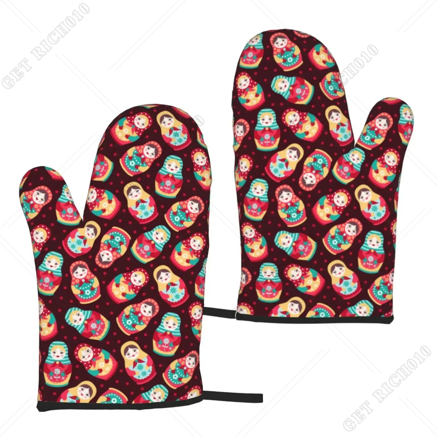 Fashion Print Russian Babushka Matryoshka Doll Set of 2 Kitchen Gloves Women Men Oven Gloves Heat Resistant for BBQ Cooking