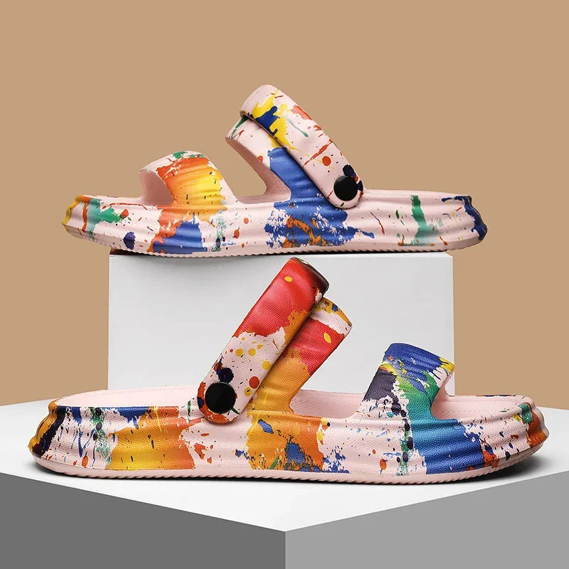 2024 New Thick-soled EVA Cave Shoes Women's Summer Wear Non-slip Beach Soft-soled Semi-Slippers Fashion Printed Sandals