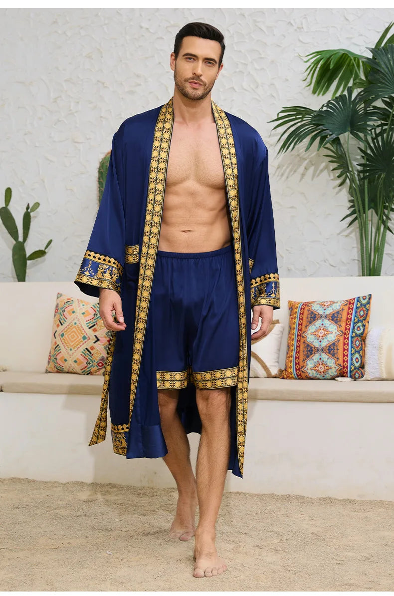 Spring Summer New Men Pajama 2PCS Robe Shorts Set Baroque Style Silk Satin Kimono Bathrobe Gown Loose Home Clothing Loungewear
