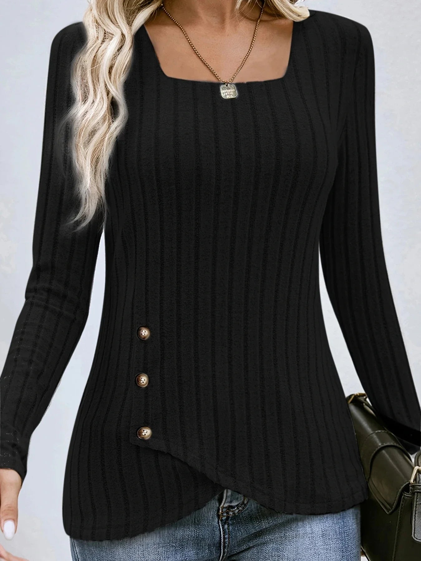 Square Neck Solid Ribbed Button DecorT-Shirt Casual Long Sleeve Top For Spring & Fall Women's Clothing