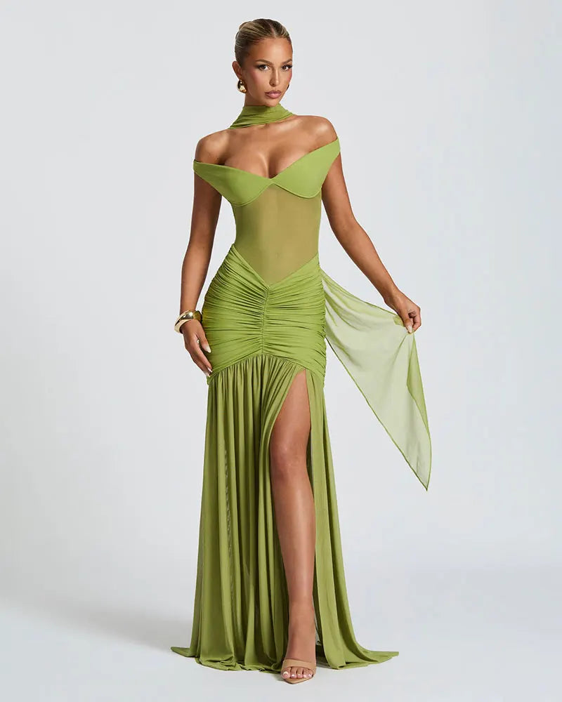 GACVGA Mesh Patchwork Sexy Bodycon Maxi Dress Women Draped Gown Summer Halter Backless Ruched High Split Club Party Long Dress