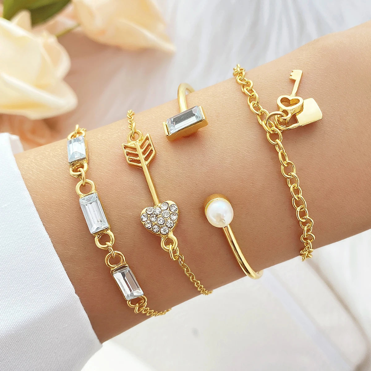IPARAM Personality Lock Key Crystal Chain Bracelets Love Cupid's Arrow Opening Bangles Set Woman Trendy Accessories