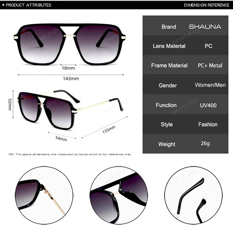 SHAUNA Fashion Double Bridges Square Sunglasses Women Men Retro Gradient Sun Glasses Shades UV400