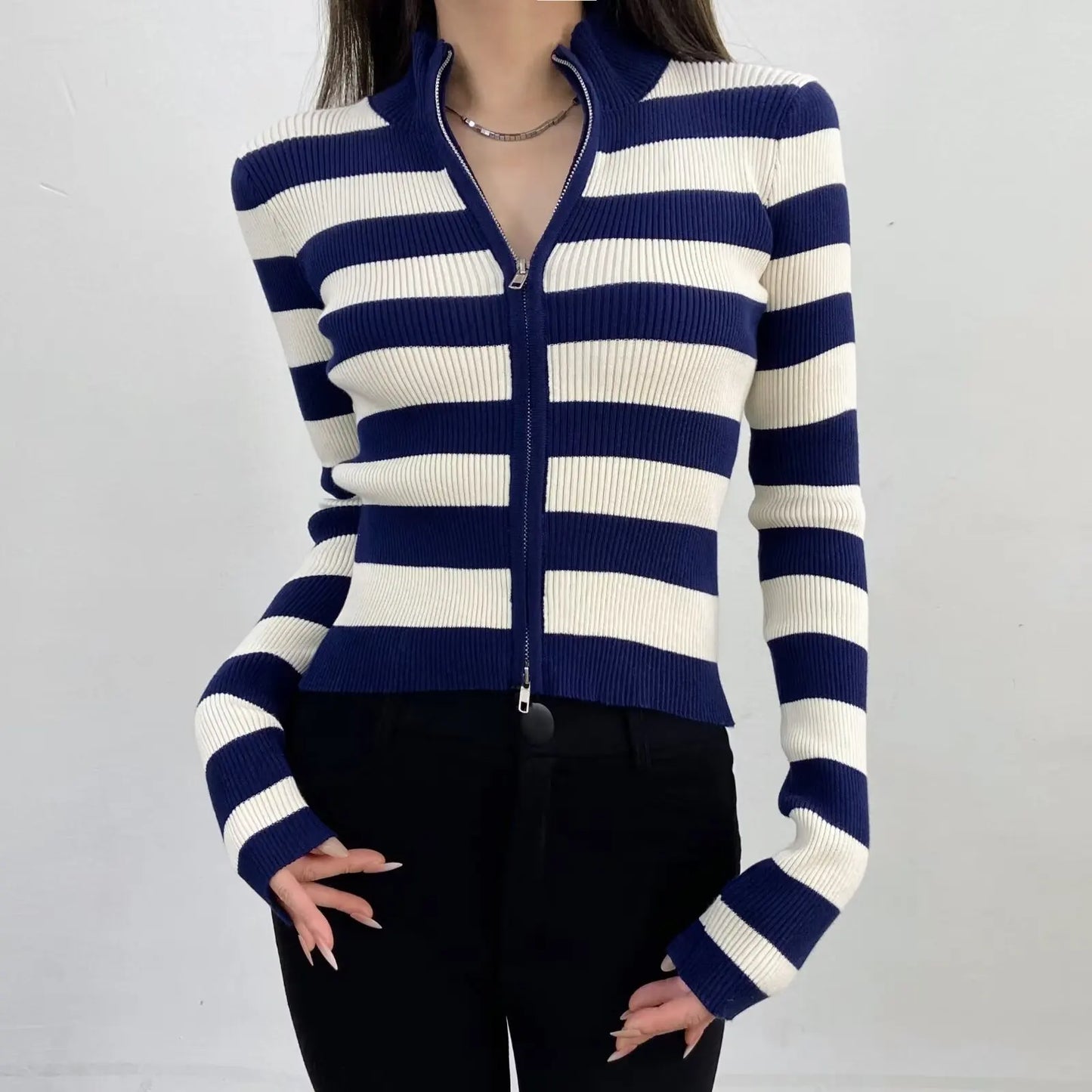 Slim Fit American Style Knitted Cardigan Women's Double Zipper Open Front Pure Desire Autumn Fashion Outerwear BM Style