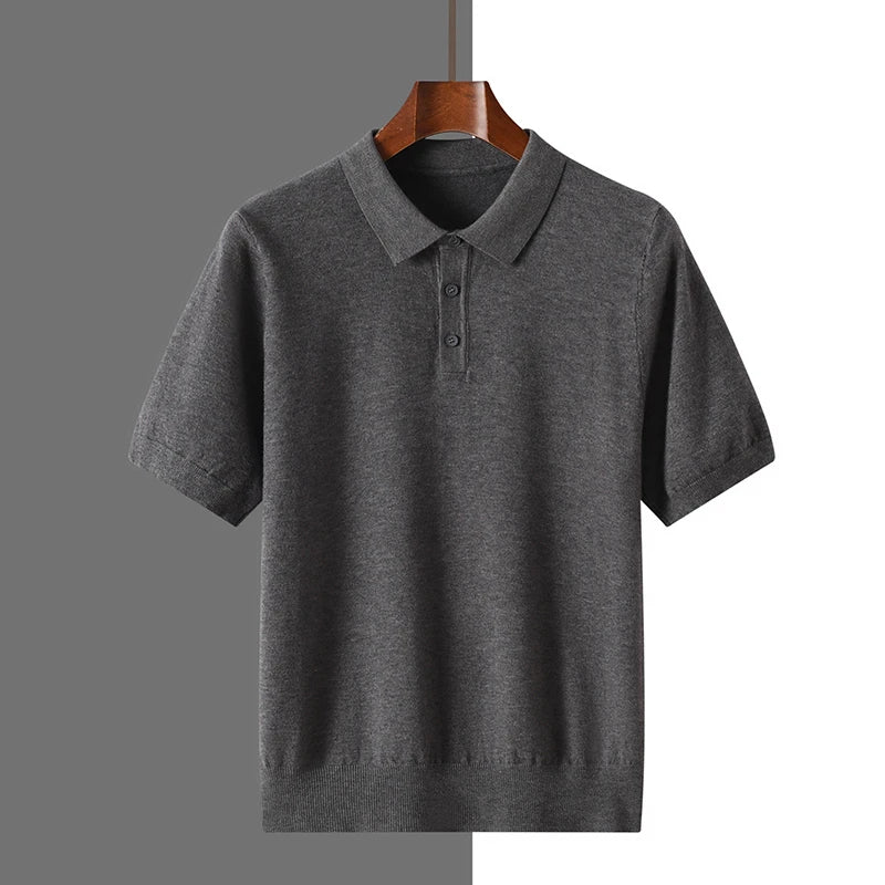 2025 Classic Polo Neck T-Shirt Pullover Men Knitwear Wool Lyocell Blend Sweater Short Sleeved Cool High-Quality Clothing Tops