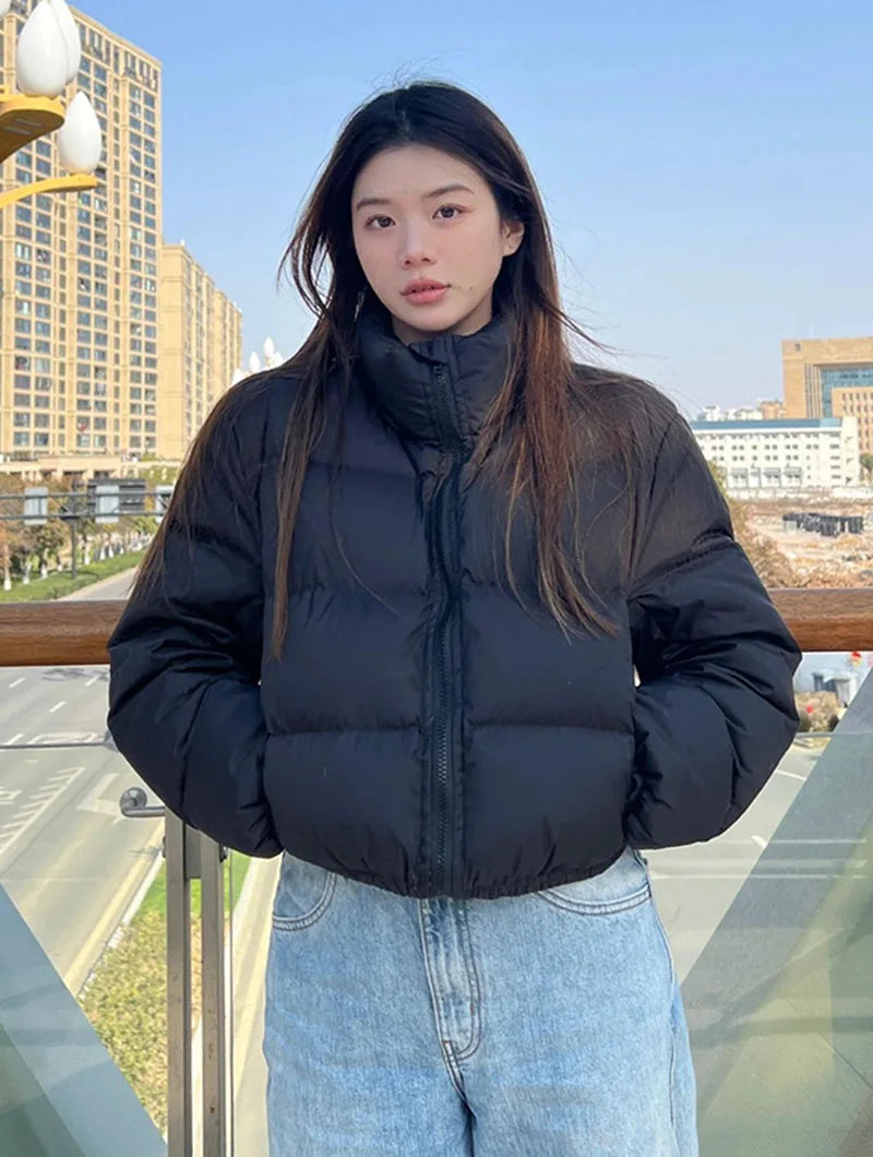 Casual Cropped Parkas for Women Winter New Loose Stand Collar Thick Warm Quilted Jacket Versatile Zipper Long Sleeve Bread Coat