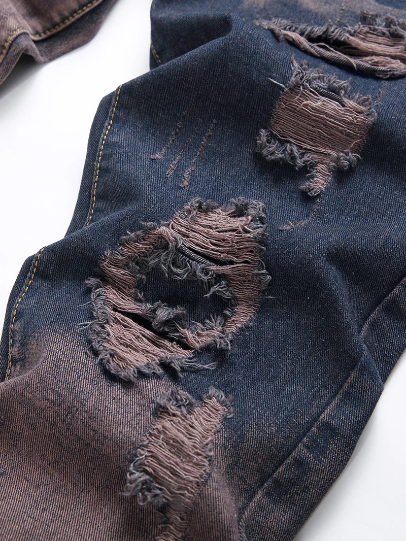 Purple Ripped Men's Jeans Spring Summer Slim Fit Straight Hole Cotton Denim Pants Distressed Destroyed Streetwear 28-40