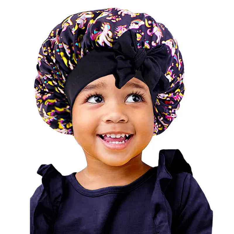Adjustable Silky Satin Cap  Cartoon Baby Kids Print Satin Bonnet Sleep Hat Cap for Curly Hair