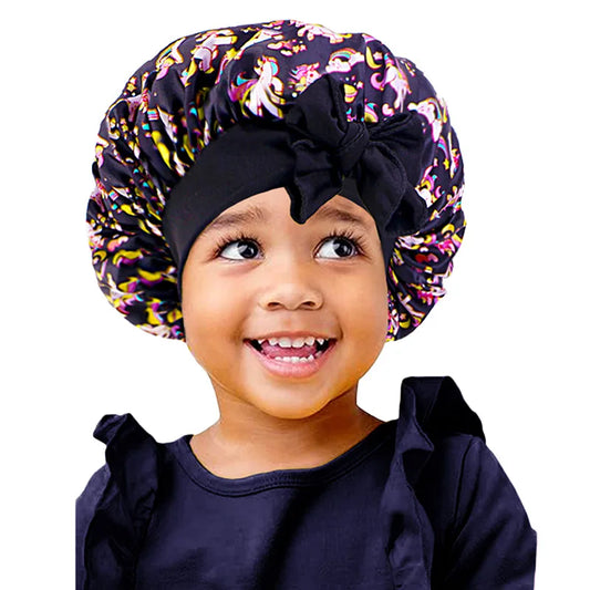 Adjustable Silky Satin Cap  Cartoon Baby Kids Print Satin Bonnet Sleep Hat Cap for Curly Hair