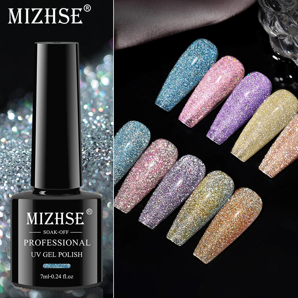 MIZHSE 7ML Reflective Top Coat Gel Nail Polish Shiny Glitter Vernis Semi Permanent Varnish Nail Gel Polish for Manicure Nail Art