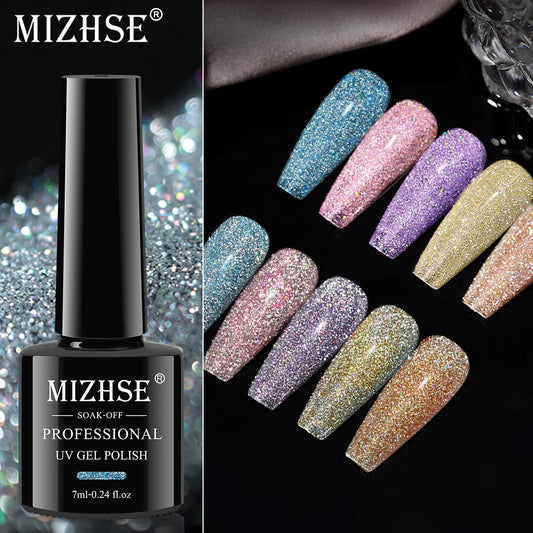 MIZHSE 7ML Reflective Top Coat Gel Nail Polish Shiny Glitter Vernis Semi Permanent Varnish Nail Gel Polish for Manicure Nail Art