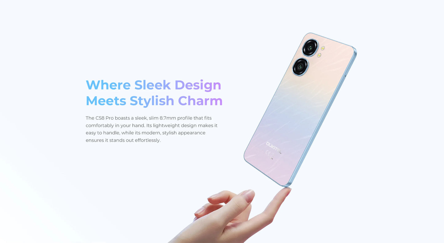 Oukitel C58 PRO smartphone 5150mAh Battery 24(6+18)GB+256GB 50MP Main Camera 6.7" HD+ Display