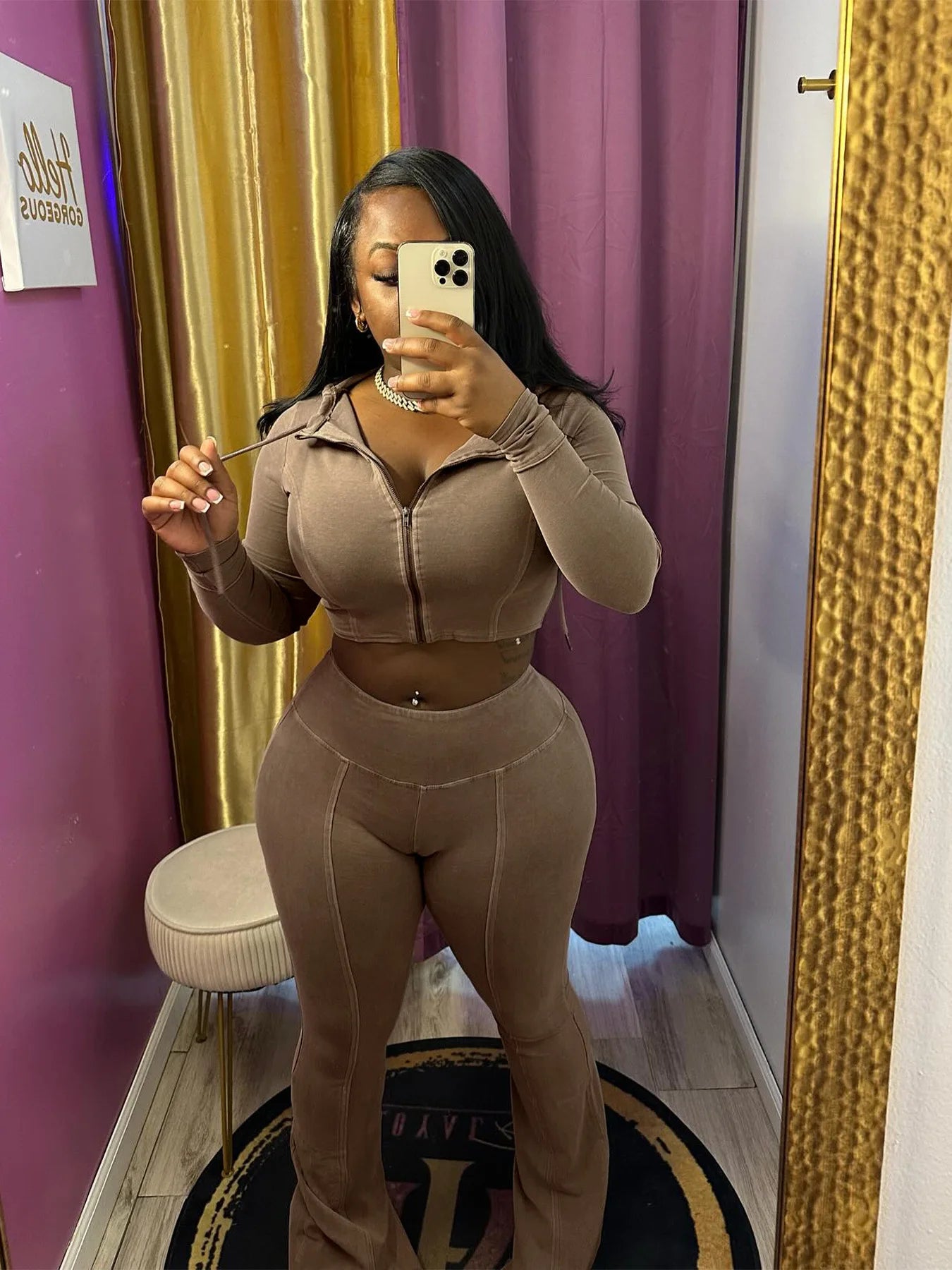 CM.YAYA Fashion Women's Set Long Sleeve Hooded Jacket and Slit Hem Flare Pants 2024 Fitness Two 2 Piece Set Outfits Tracksuit