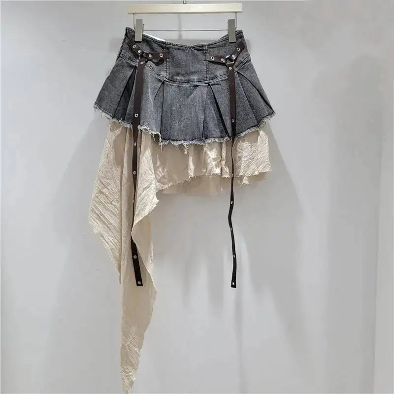 EAM Color-block Irregular Spliced High Elastic Waist A-line Mini Denim Skirt Women Fashion Tide New Spring Autumn 2026 30A3307