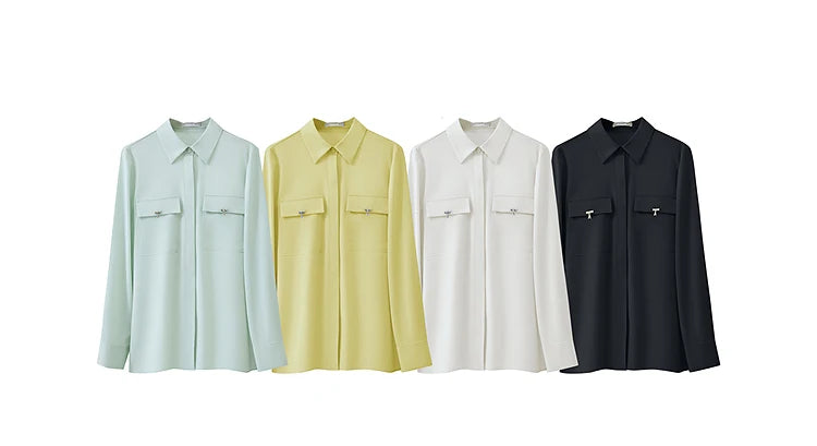 AMII Minimalist Chiffon Shirt Women 2025 Spring New Temperament Gentle Lapel Bamboo Work Pocket Concealed Button Tops 12521032