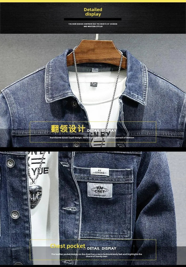 Men's Casual Single Breasted Cotton Blue Fashion Spring Autumn Denim Coat Trendy Brand Stylish High-end Washed Workwear Jacket