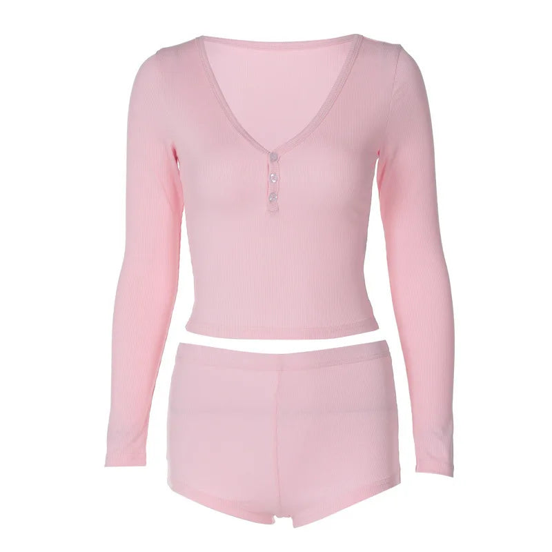 2025 Women 2 Piece Pajamas Shorts Set Long Sleeve V Neck Button Down Cropped Tops Sexy Bodycon Shorts Loungewear Clothes Females