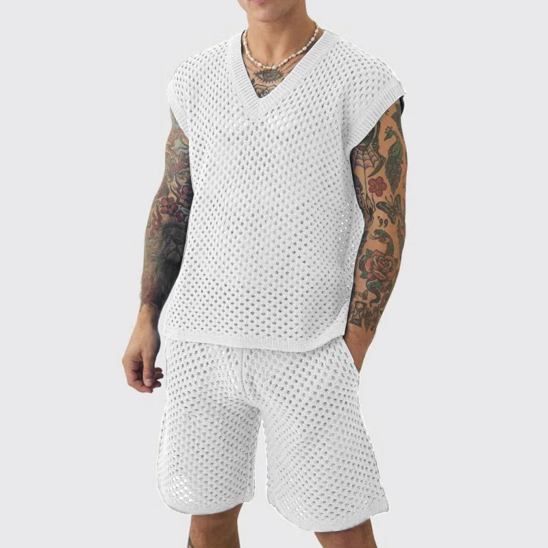 New Men's Summer Casual Knit V Neck Two-piece Sets Fashion Solid Loose Tank Tops and Shorts Sport Suit Men Hollow Out Streetwear