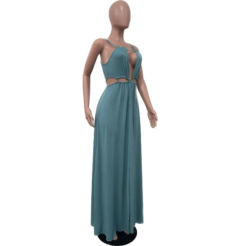 2025 Women's Dress Summer Holiday Solid Long Dresses Sexy Drawstring Lace Up Sleeveless Vestidos Para Mujer Club Party Outfits