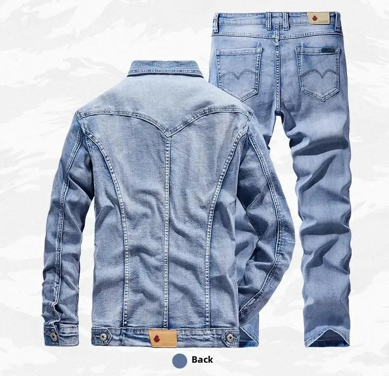 Spring Autumn Men's Denim Suit Loose Fit Plus Size Korean Trendy Two-Piece Student Versatile Outerwear Casual Jacket