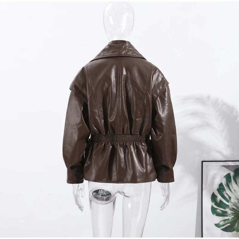 Faux Leather Jacket Women Turn-down Collar Zipper Front Puffy Sleeves Stylish Waist Cinching Coat 2025 Female Winter Outerwear