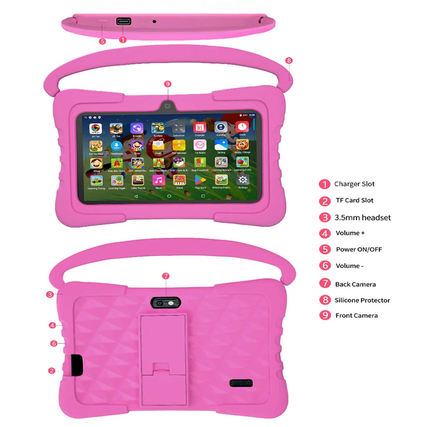 BDF-K3 Kids 7 Inch Android Tablets Quad Core 4GB+64GB ROM Cartoon Portable with Kids-Proof Protective Case Best Gift for Childre