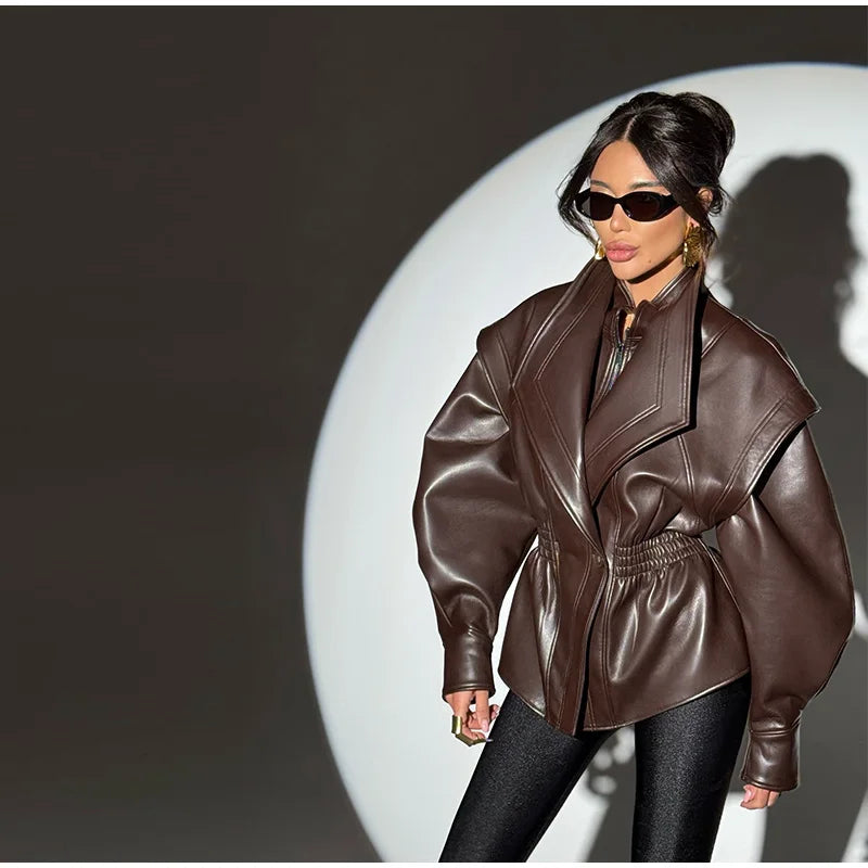 Faux Leather Jacket Women Turn-down Collar Zipper Front Puffy Sleeves Stylish Waist Cinching Coat 2025 Female Winter Outerwear