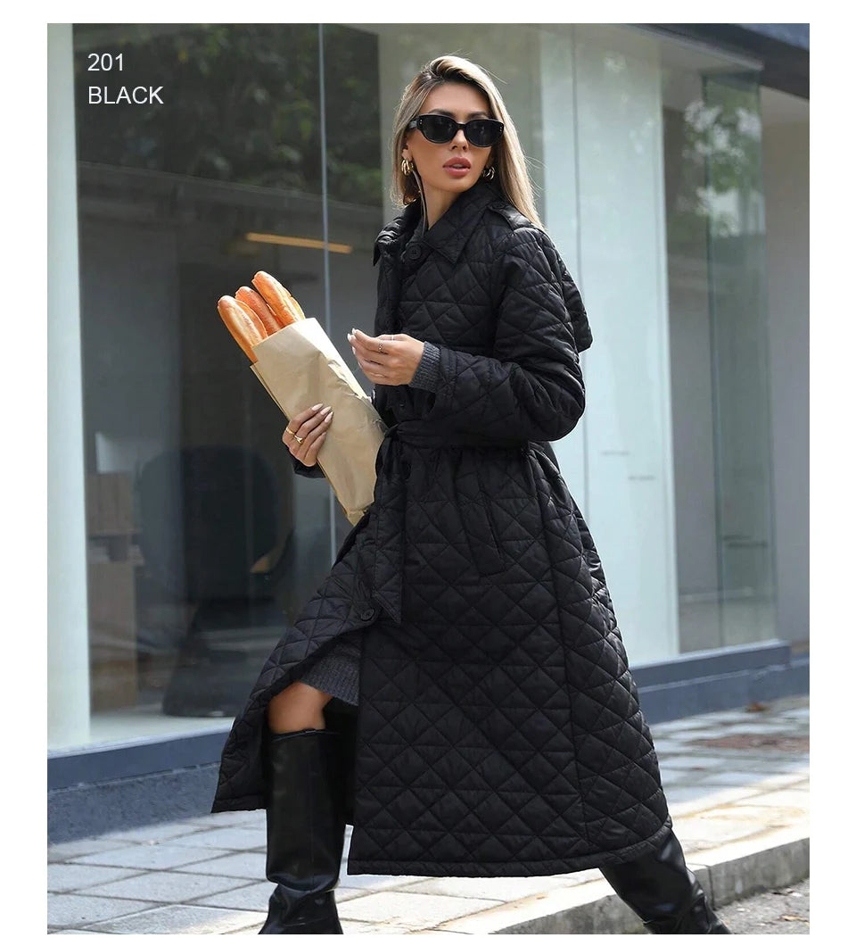 Conciso Women's Coat Spring Autumn Solid Color Lapel Gathered Waist Office Versatile Parka Long Belt Diamondback Jacket M25002