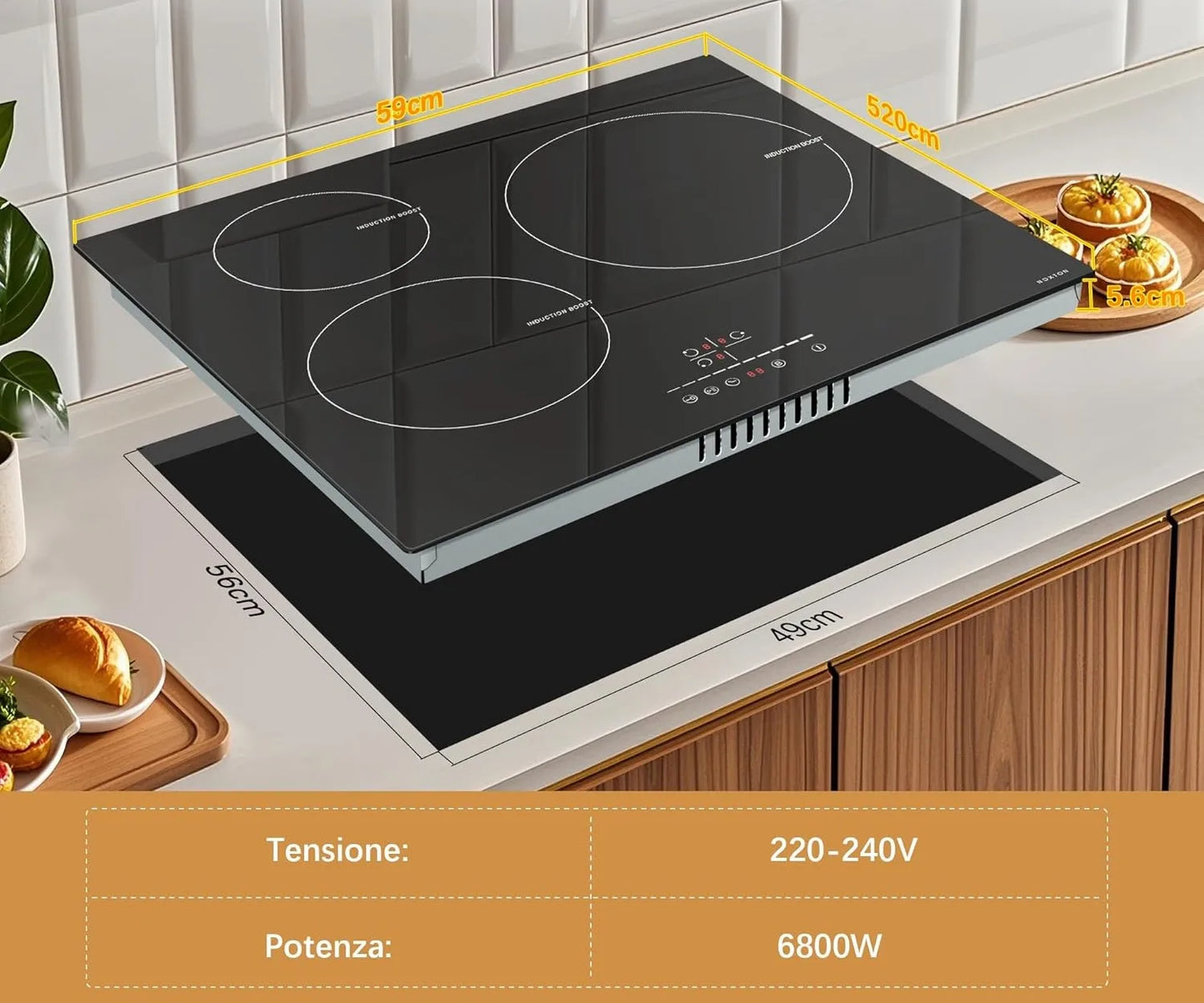 NOXTON Induction Hob 3-Burner, 60cm Built in Induction Hob, Electric Hob with Touch Control, Timer, Safety Lock, 5200Watts, wi