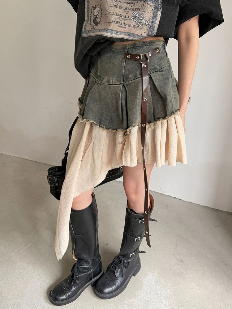 EAM Color-block Irregular Spliced High Elastic Waist A-line Mini Denim Skirt Women Fashion Tide New Spring Autumn 2026 30A3307