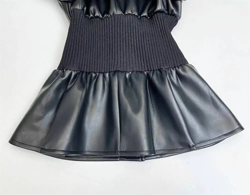 DEAT Fashion Women's Blazer Notched Collar PU Patchwork Knitted Super Waist Silhouette Suit Jackets Spring 2025 New 17A2010H