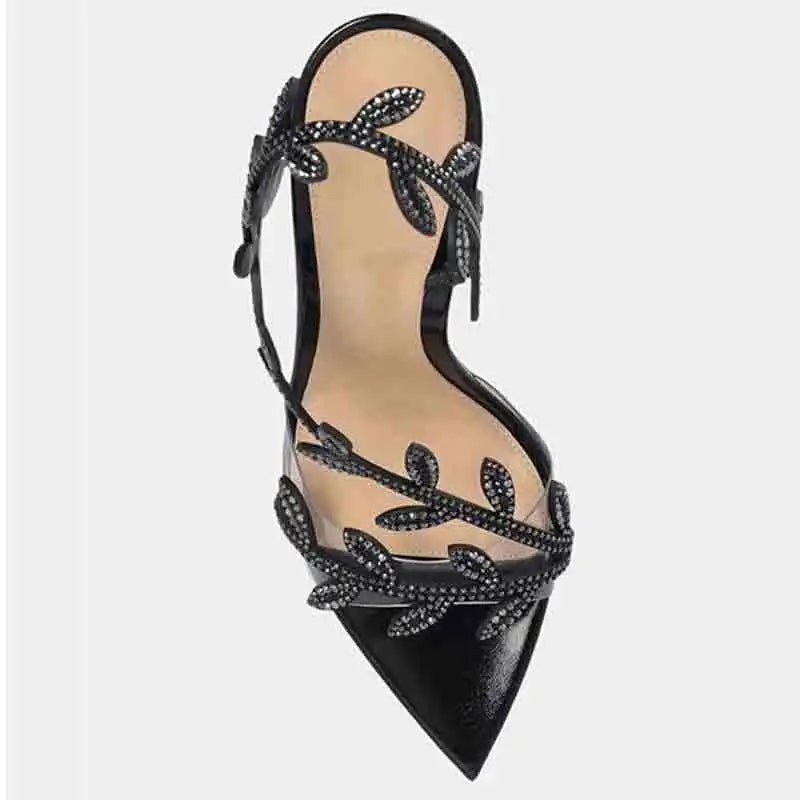 European American Pointed-Toed Rhinestone Leaves Thin Heel Sandals 2025 Spring And Autumn New Style Fashionable Elegant Party