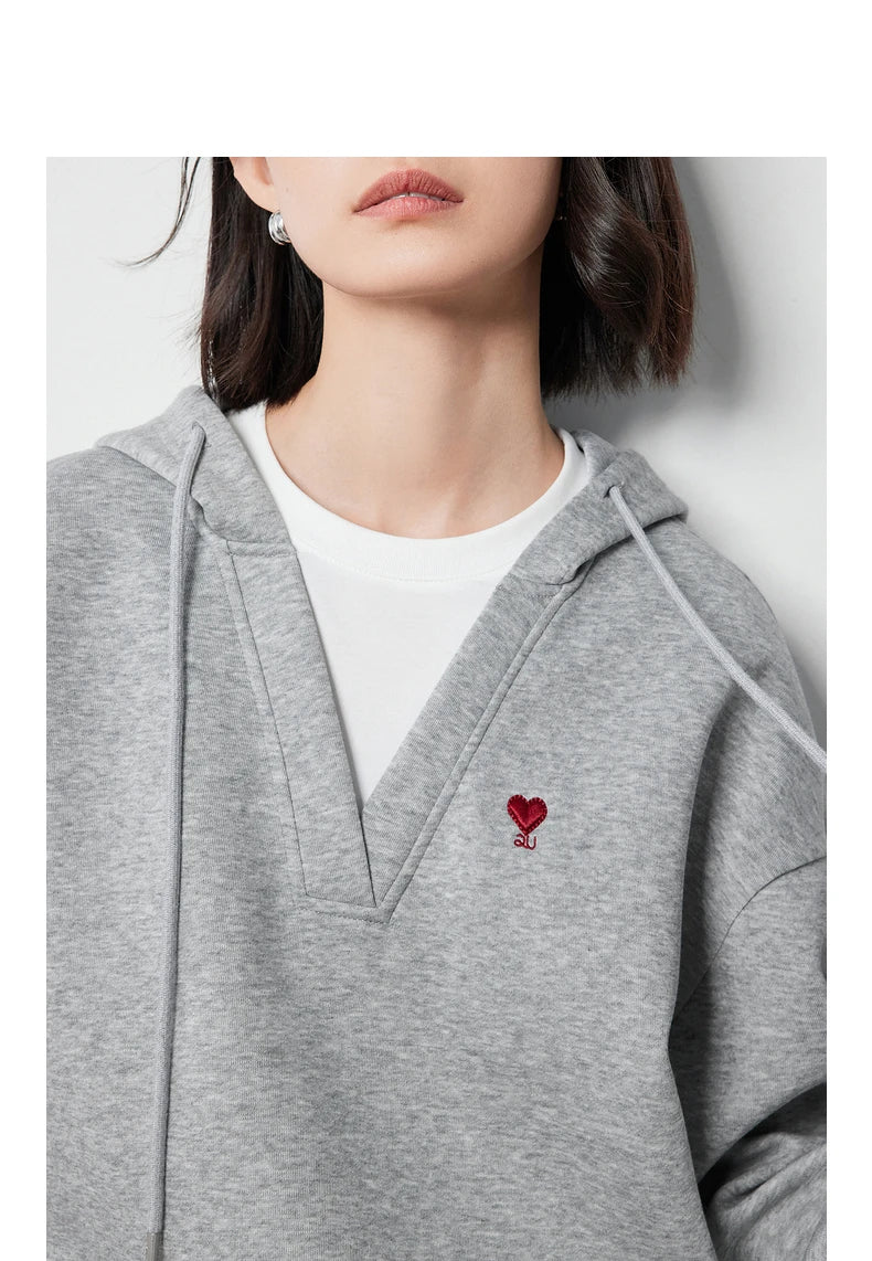 TOYOUTH Women Hoodies Sweatshirt 2024 Autumn New Heart Patter Embroidery Fake Two Piece Hooded Pullover Tops
