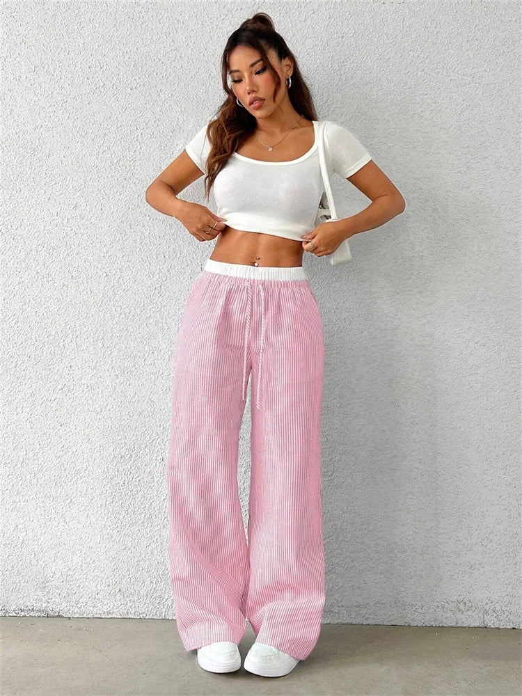 Casual Striped Woven Wide Leg Pants for Women Autumn Winter Casual Stylish Full Length Trousers Y2K Clothes Streetwear