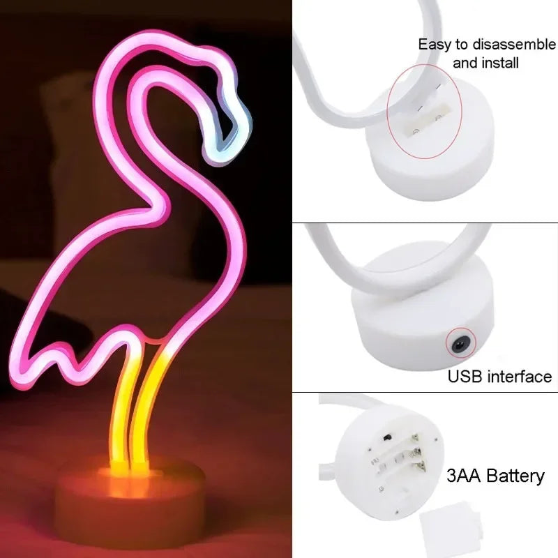 LED Neon Night Light Sign Flamingo Coconut Tree Cactus Table Lamp Kids Birthday Gifts Bedroom Christmas Art Decor Battery/USB