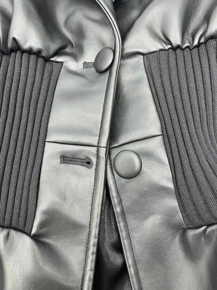 DEAT Fashion Women's Blazer Notched Collar PU Patchwork Knitted Super Waist Silhouette Suit Jackets Spring 2025 New 17A2010H