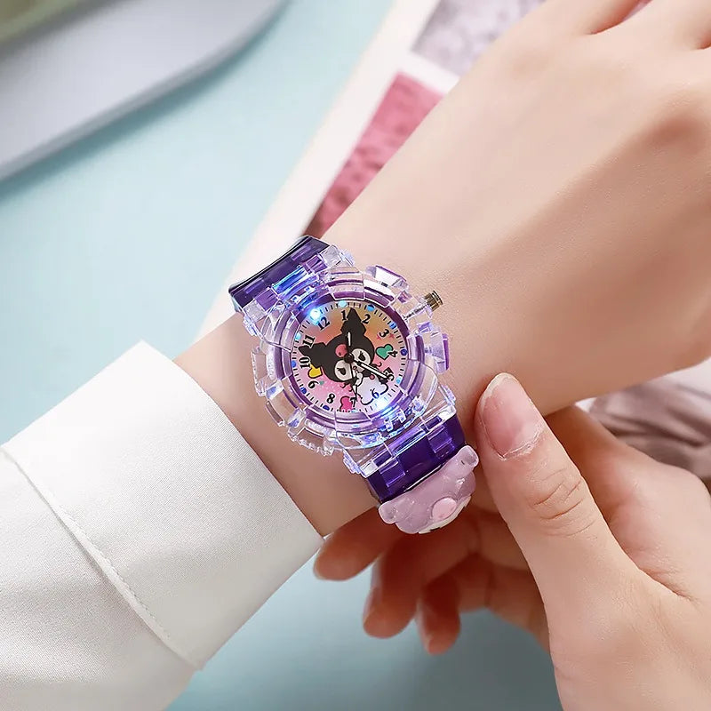Sanrio luminescence Cinnamoro Kuromi 3D Pattern Child Wrist Watch Cute Watch Cartoon Christmas Watchband Kids Gift
