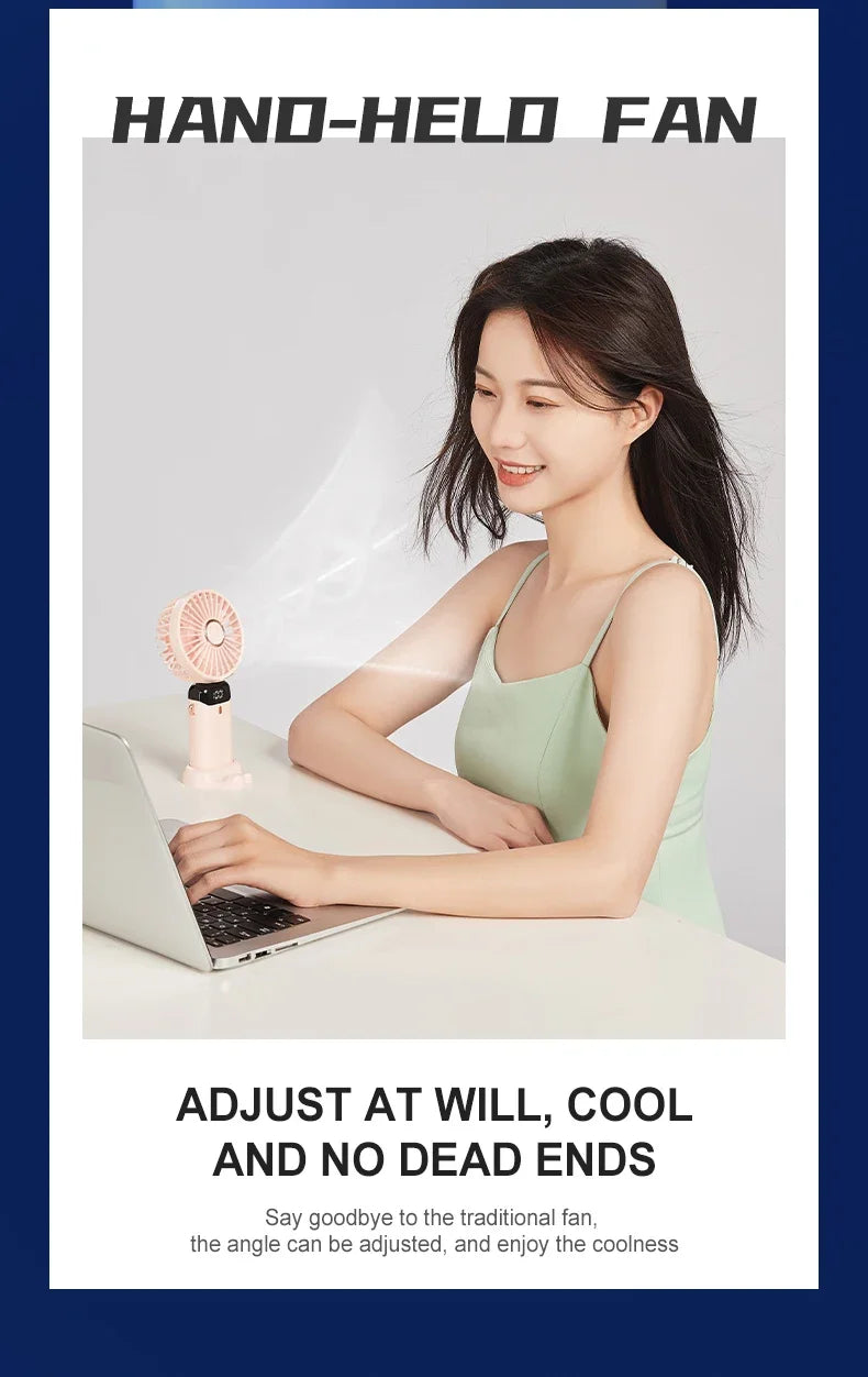 3000mAh Handheld Mini Fan Foldable Portable Neck Hanging Fans 5 Speed USB Rechargeable Fan with Phone Stand and Display Screen