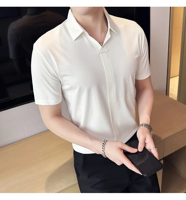 Luxury Purple Polo Shirts For Men High Quality Summer Short Sleeve Men's Polos Ice Silk Elastic Slim Fit Turn Down Collar Tees