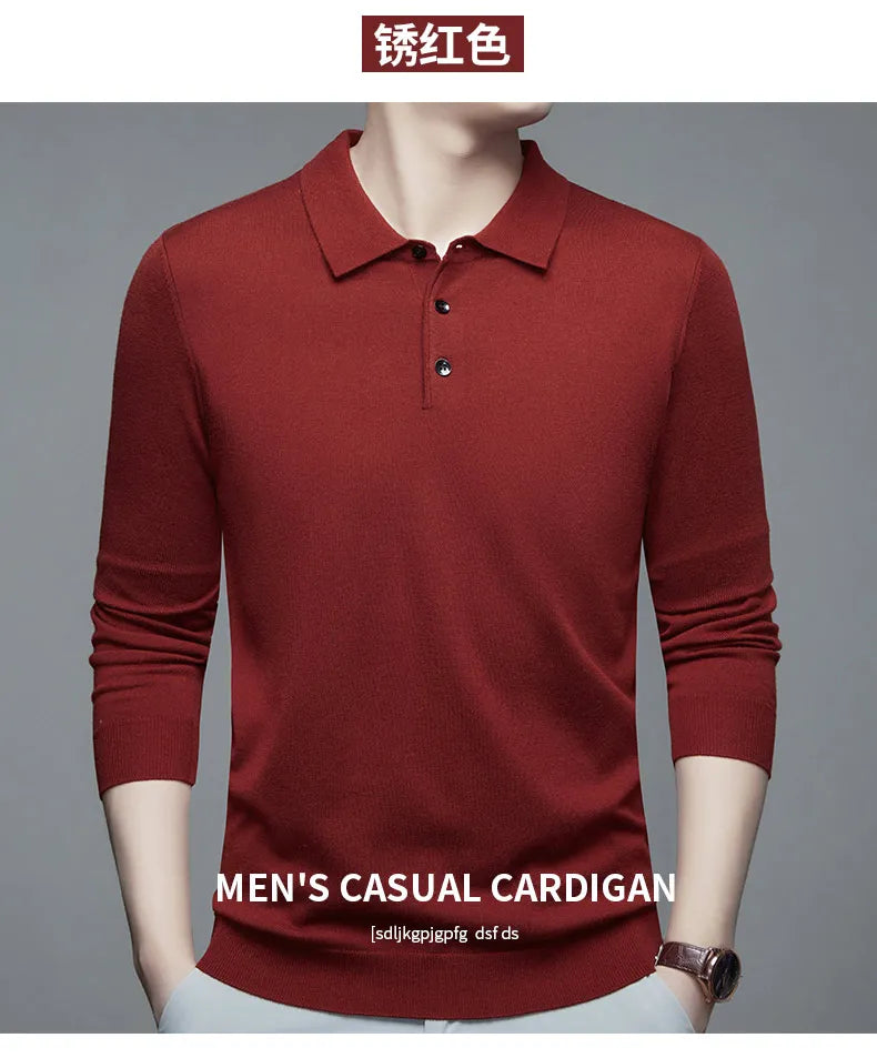 Men's Fine Wool Sweater Polo Collar Pullover Spring Autumn New Cashmere Knitwear Smart Casual Loose Men's Shirts Warm Soft Tops