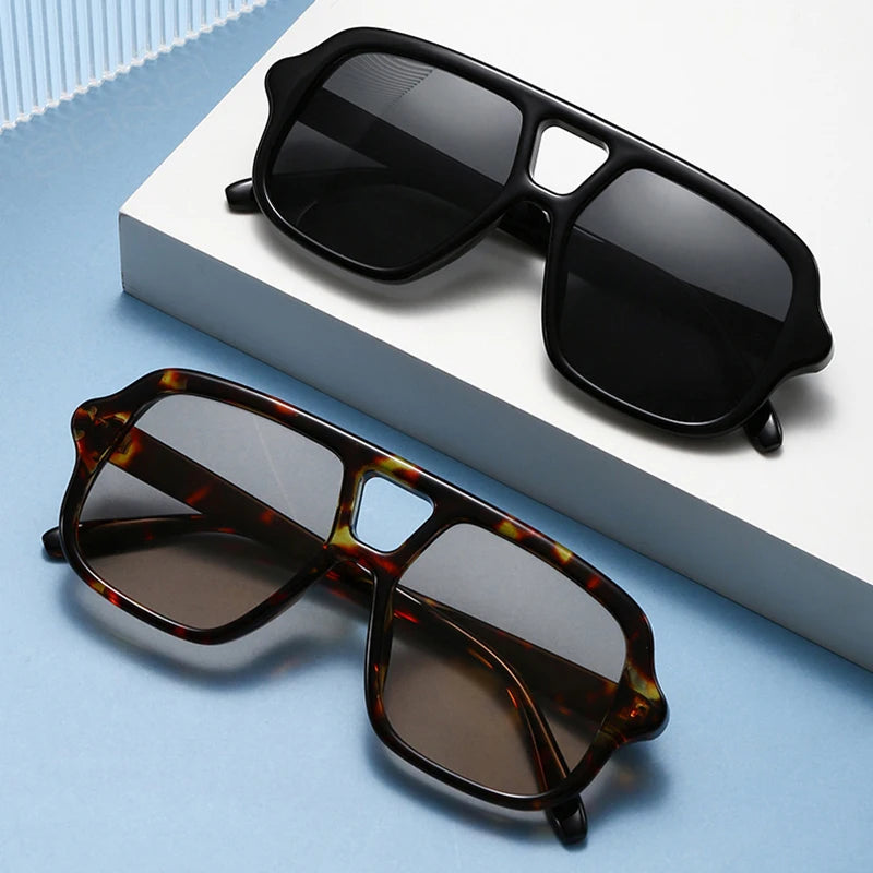 SO&EI Ins Popular Fashion Double Bridges Square Men Sunglasses Vintage Punk Yellow Blue Shades UV400 Men Trending Sun Glasses