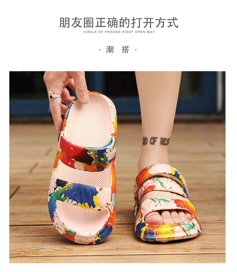 2024 New Thick-soled EVA Cave Shoes Women's Summer Wear Non-slip Beach Soft-soled Semi-Slippers Fashion Printed Sandals