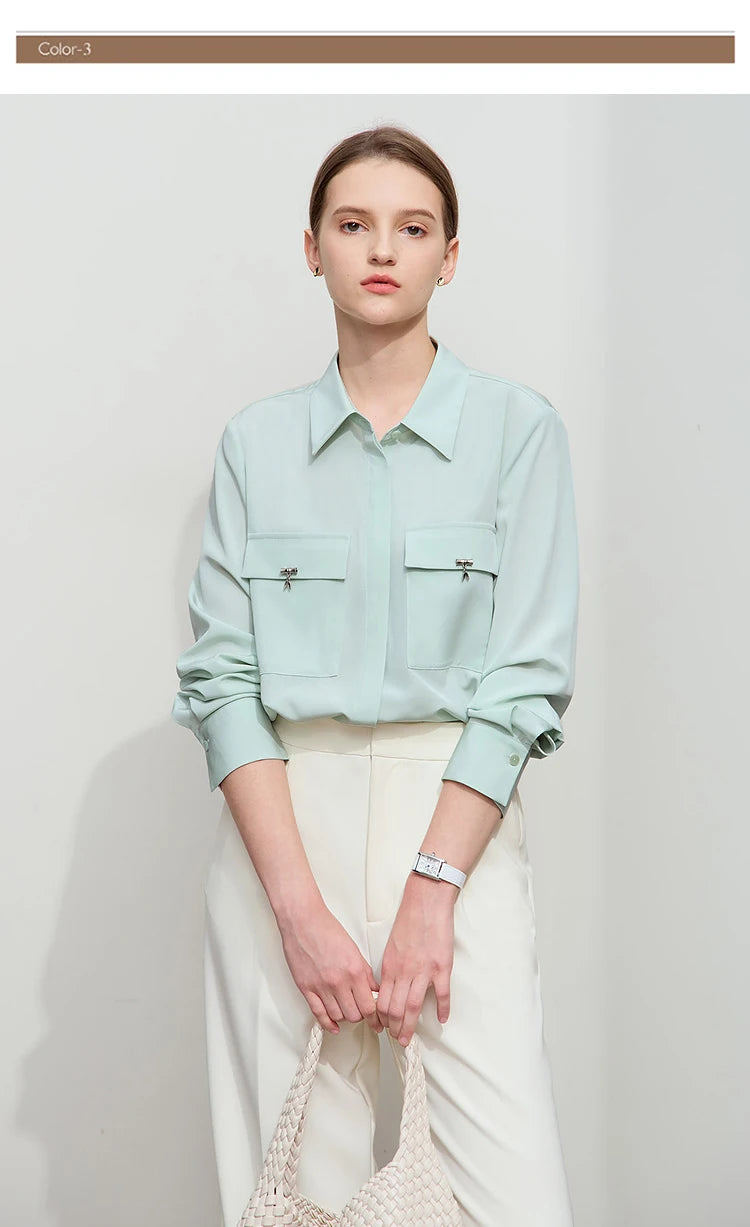 AMII Minimalist Chiffon Shirt Women 2025 Spring New Temperament Gentle Lapel Bamboo Work Pocket Concealed Button Tops 12521032