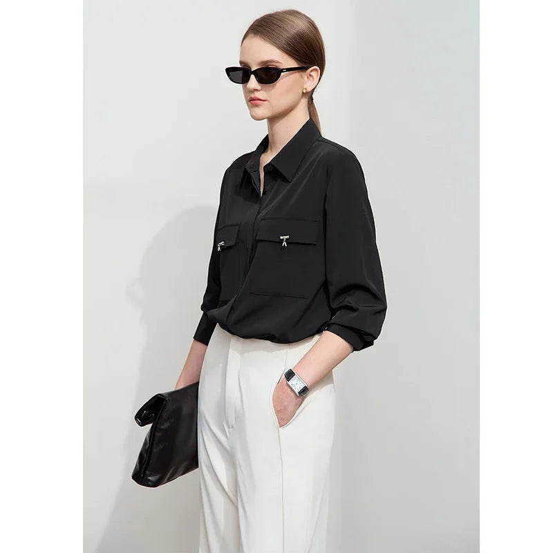 AMII Minimalist Chiffon Shirt Women 2025 Spring New Temperament Gentle Lapel Bamboo Work Pocket Concealed Button Tops 12521032