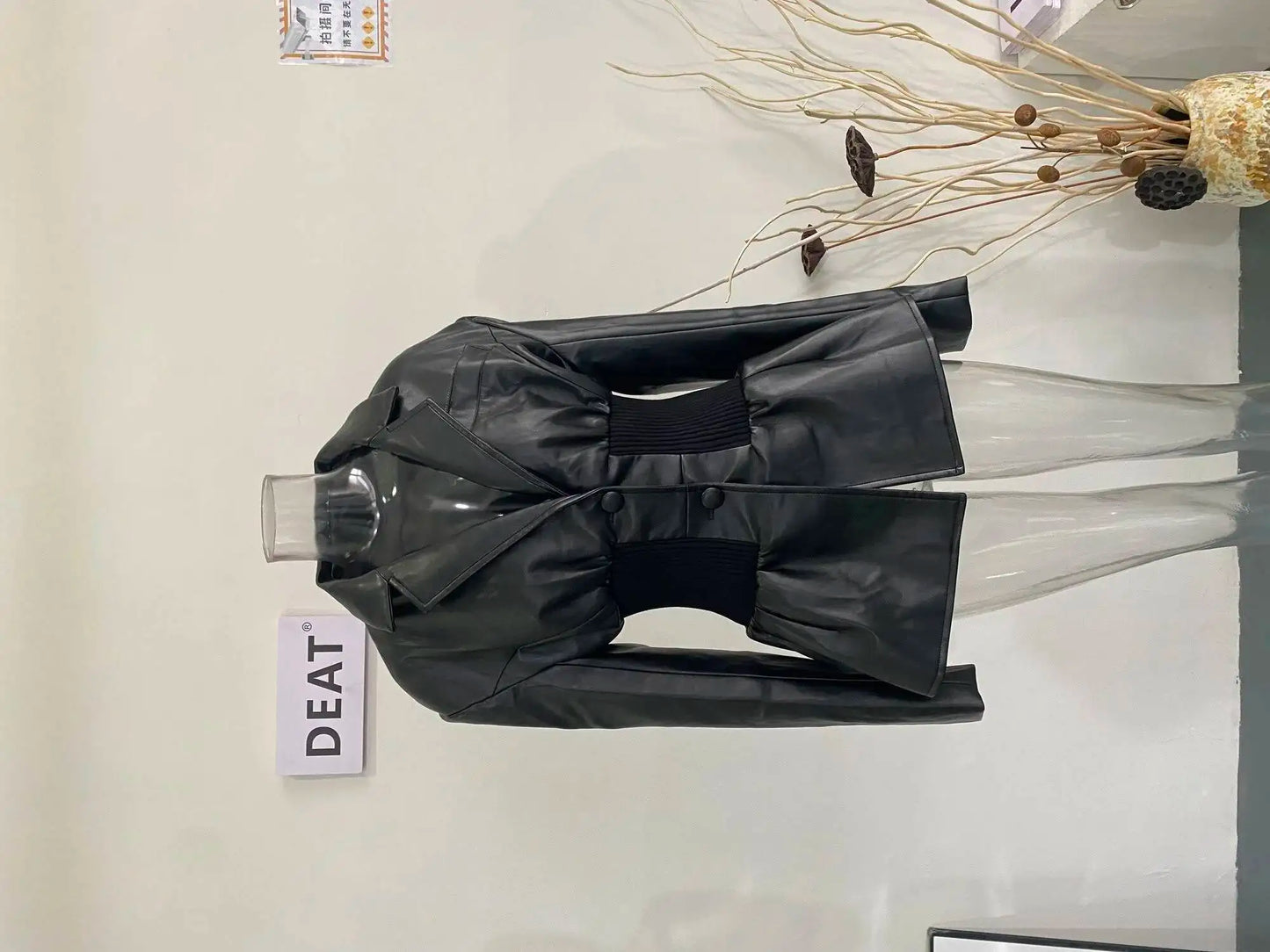 DEAT Fashion Women's Blazer Notched Collar PU Patchwork Knitted Super Waist Silhouette Suit Jackets Spring 2025 New 17A2010H